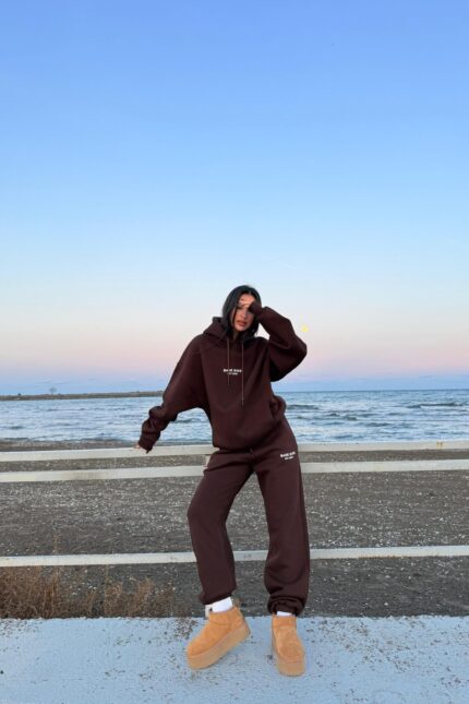 Base Sıde Kapşonlu Sweat Eşofman Takım Kahverengi