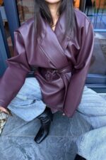 Beli Kemerli Yumuşak Deri Ceket Mürdüm - Görsel 3