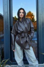 Beli Kemerli Yumuşak Deri Ceket Acı Kahve