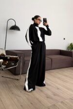 Yakası Fermuarlı Şeritli Modal Takım Siyah