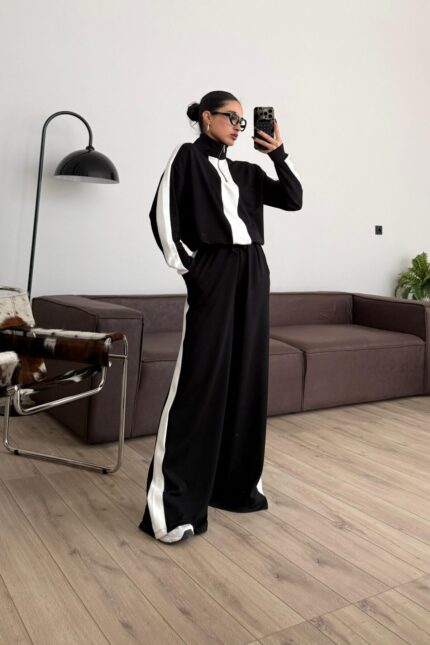 Yakası Fermuarlı Şeritli Modal Takım Siyah