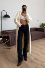 Süet Kemerli İspanyol Paça Siyah Jean