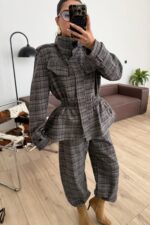 Beli Lastikli Ekose Desenli Takım Vizon - Görsel 2