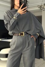 Manşet Kol Yakası Şallı Gömlek Takım Antrasit - Görsel 2