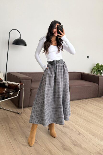 Beli Lastikli Ekose Etek Füme