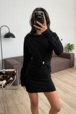 Beli Tokalı Kayık Yaka Simli Elbise Siyah - Görsel 2