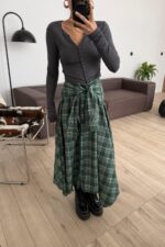 Beli Bağlamalı Ekose Düğmeli Etek Yeşil - Görsel 2