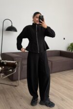 Dikiş Detaylı Fitilli Eşofman Takım Siyah