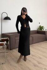 V Yaka Düğmeli Hırka Etek Takım Siyah