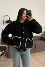 Çıtçıtlı Peluş Ceket Siyah