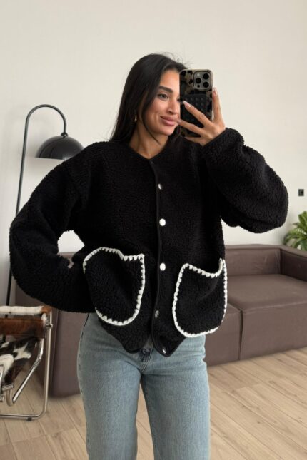 Çıtçıtlı Peluş Ceket Siyah