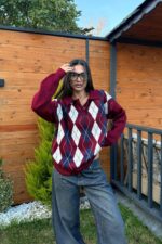 Baklava Desenli Polo Yaka Kazak Bordo Lacivert