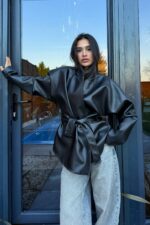 Beli Kemerli Yumuşak Deri Ceket Siyah