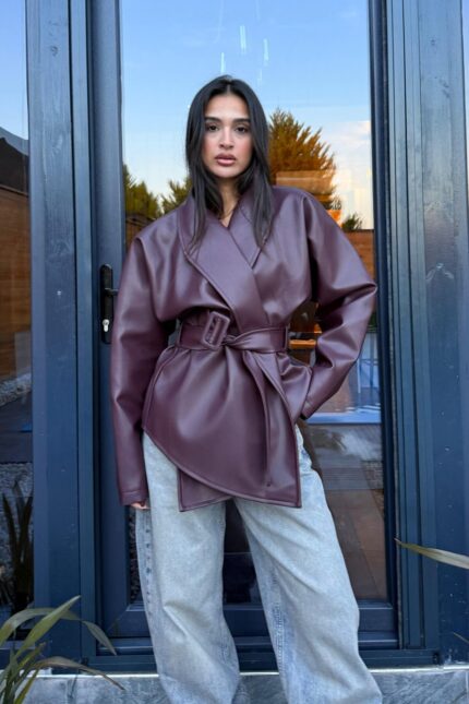 Beli Kemerli Yumuşak Deri Ceket Mürdüm