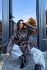 Beli Kemerli Yumuşak Deri Ceket Acı Kahve - Görsel 2