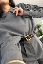 Manşet Kol Yakası Şallı Gömlek Takım Antrasit - Görsel 3