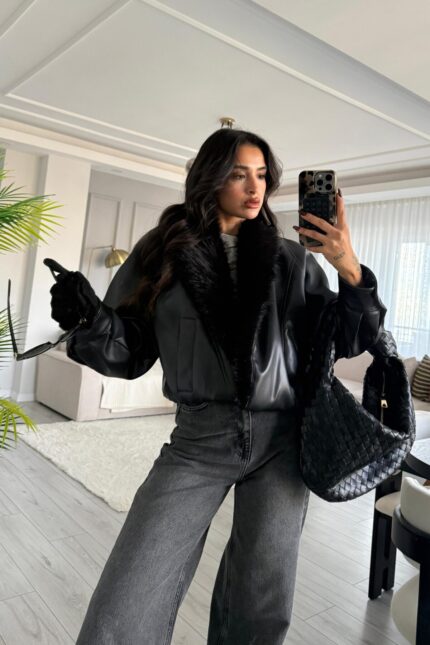 Kürk Detaylı Bomber Ceket Siyah