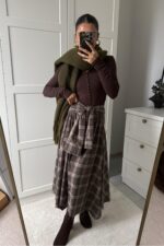 Beli Bağlamalı Ekose Düğmeli Etek Kahverengi