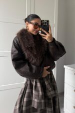 Beli Lastikli Yakası Kürklü Deri Ceket Acı Kahve