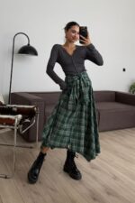 Beli Bağlamalı Ekose Düğmeli Etek Yeşil