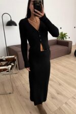 V Yaka Düğmeli Hırka Etek Takım Siyah - Görsel 2