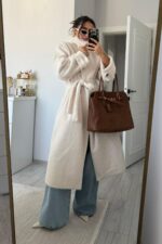 Sakallı Dik Yaka Kaban Ekru