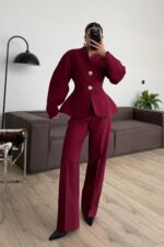 Balon Kollu Gold Düğmeli Blazer Takım 
Bordo