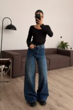 Yoğun Taşlı Wide Leg Dark Jean