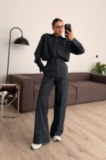 Vatkalı Çizgili Pantolon Takım Lacivert