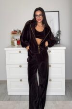 Kadife Hırka Crop pantolon Takım Acı Kahve - Görsel 2