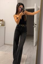 Işıltılı Wide Leg Siyah Eskitme Jean