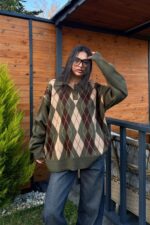 Baklava Desenli Polo Yaka Kazak Haki Kahve