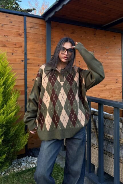 Baklava Desenli Polo Yaka Kazak Haki Kahve