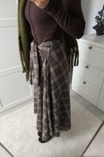 Beli Bağlamalı Ekose Düğmeli Etek Kahverengi - Görsel 3