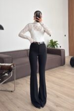 Beli Kemerli İspanyol Paça Kumaş Pantolon Siyah