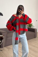 Çizgili Atkılı Triko Hırka Kırmızı