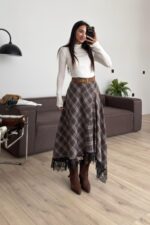 Dantel Detaylı Ekose Etek Kahve Mavi