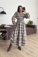 Beli Bağlamalı Ekose Elbise Kahverengi