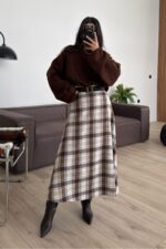 For Ekoseli Uzun Etek Beyaz Kahve