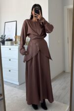 Floş Saten Etek Takım Kahverengi