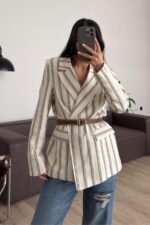 Çizgili Keten Ceket Taş Lacivert - Görsel 2