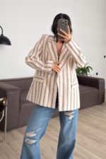 Çizgili Keten Ceket Taş Bordo