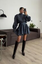 Rey Vatkalı Güpür Detaylı Elbise Mavi