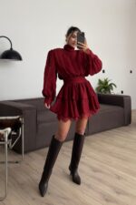 Rey Vatkalı Güpür Detaylı Elbise Kırmızı