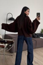 Boğazlı Yarasa Kol Kazak Kahverengi - Görsel 3