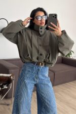 Pileli Dik Yaka Kısa Mont Haki - Görsel 2