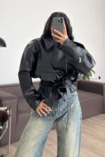 Çapraz Fermuarlı Deri Ceket Siyah