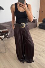 Gold Kemerli Saten Pantolon Kahverengi - Görsel 2