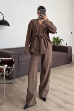 Gofre Kumaş Kimono Takım Kahverengi