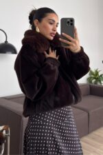 Yakası Kürklü Fermuarlı Peluş Ceket Kahverengi - Görsel 2